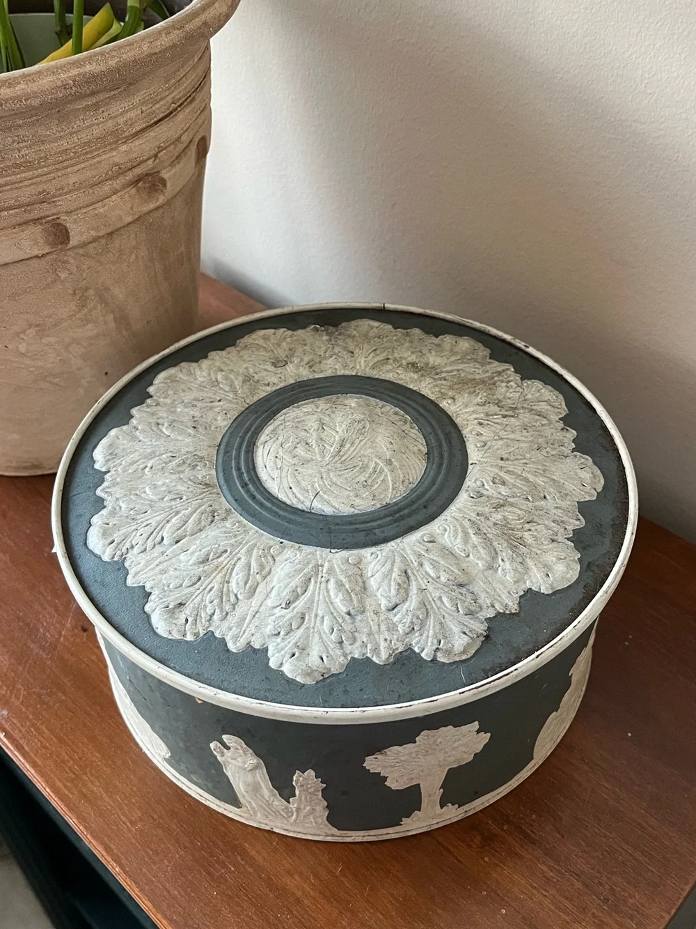 Decorative Blue and White Jasperware-Style Round Trinket Box